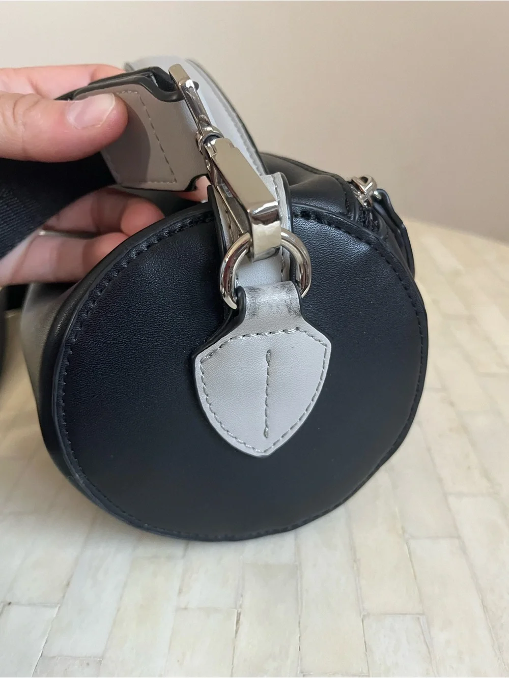 Upper West Side Barrel Bag Vegan Leather Adjustable/Removable Strap Black/Gray - Picture 8 of 16